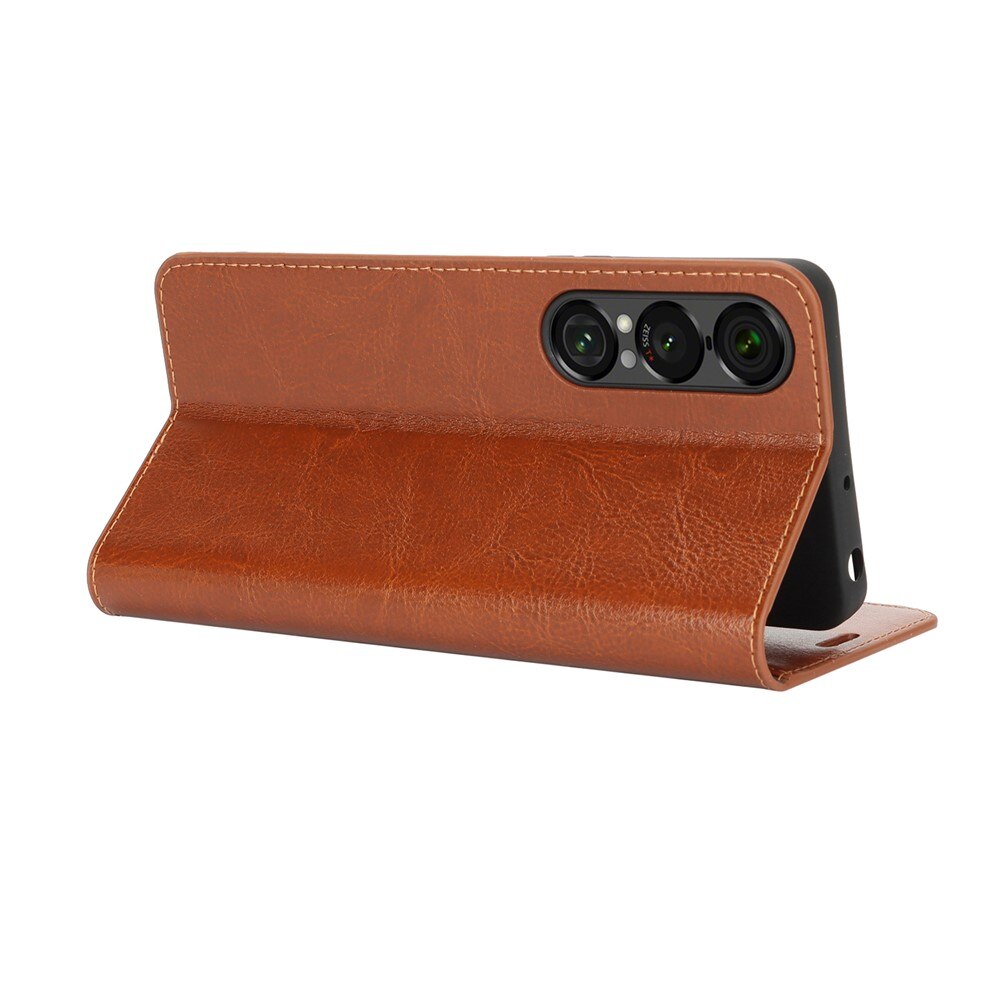 Coque portefeuille en cuir Veritable Sony Xperia 1 VII, Marron
