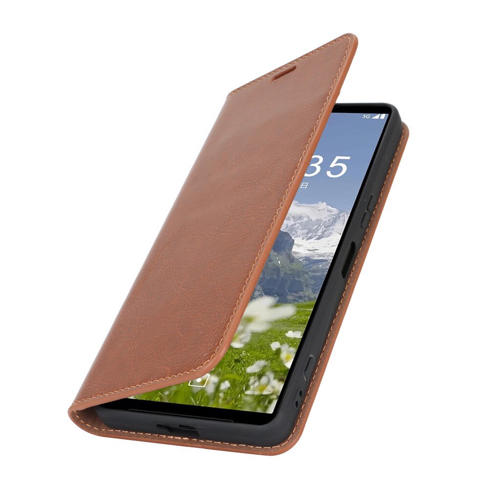 Coque portefeuille en cuir Veritable Sony Xperia 1 VII, Marron