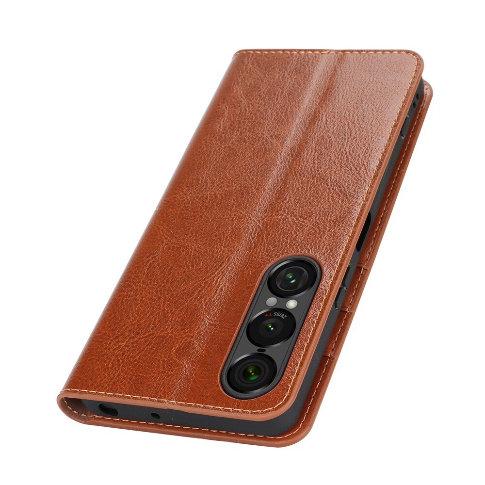 Coque portefeuille en cuir Veritable Sony Xperia 1 VII, Marron