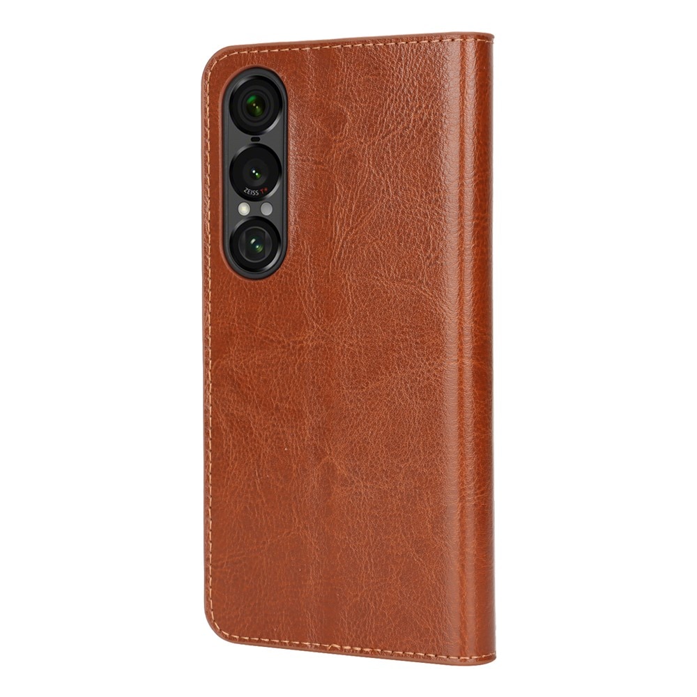 Coque portefeuille en cuir Veritable Sony Xperia 1 VII, Marron