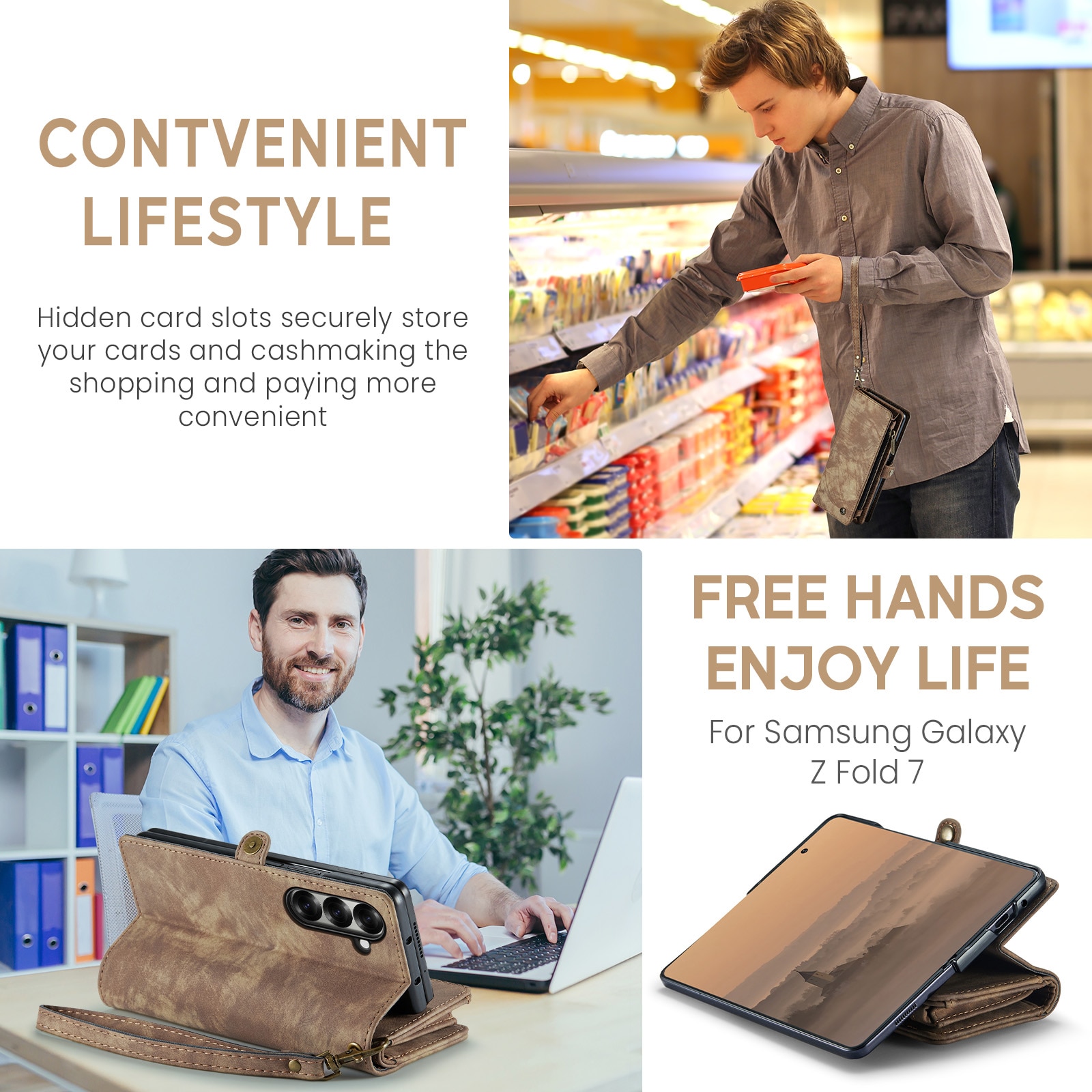 Étui portefeuille multi-cartes Samsung Galaxy Z Fold 7, Marron