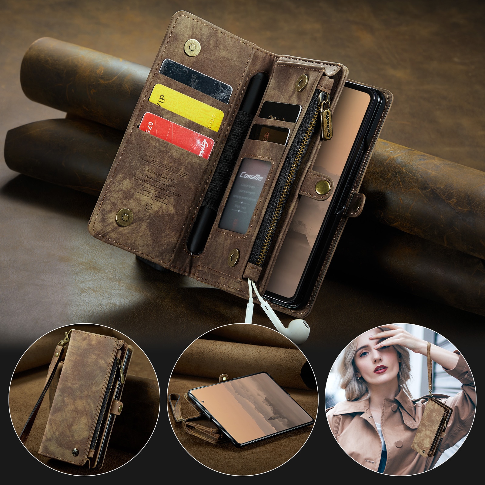 Étui portefeuille multi-cartes Samsung Galaxy Z Fold 7, Marron