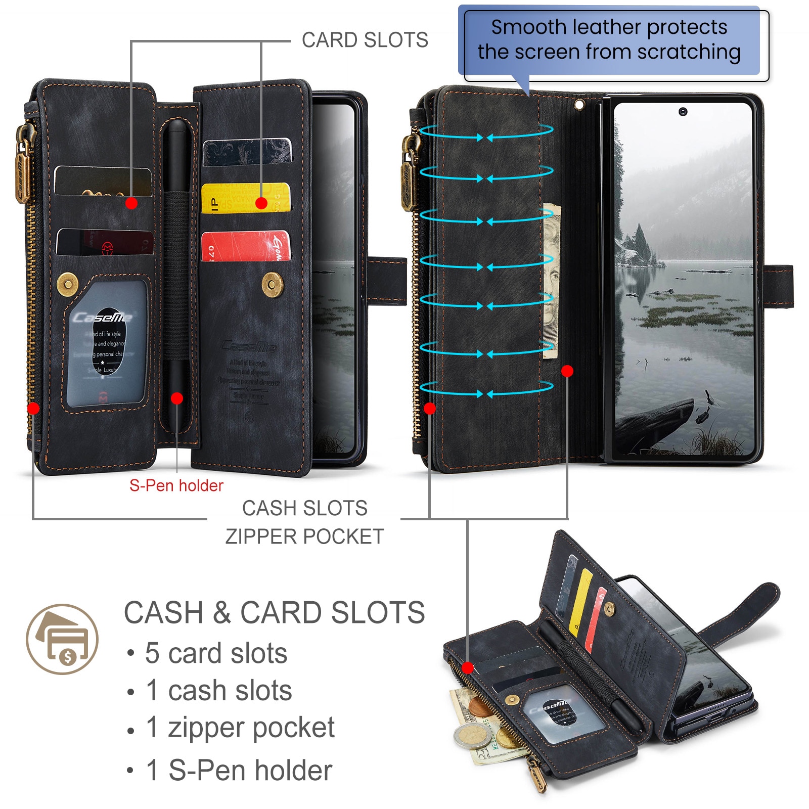Étui portefeuille à glissière Samsung Galaxy Z Fold 7, noir