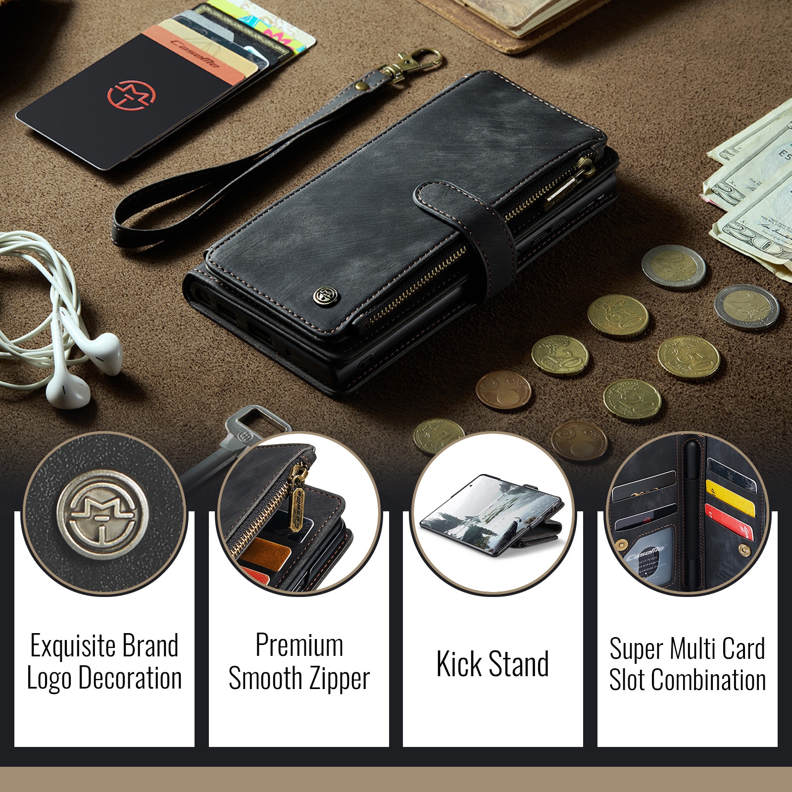 Étui portefeuille à glissière Samsung Galaxy Z Fold 7, noir