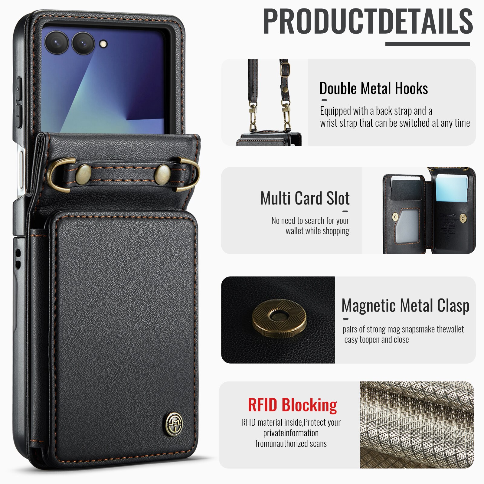 Coque porte-cartes anti-RFID Samsung Galaxy Z Flip 7, Noir