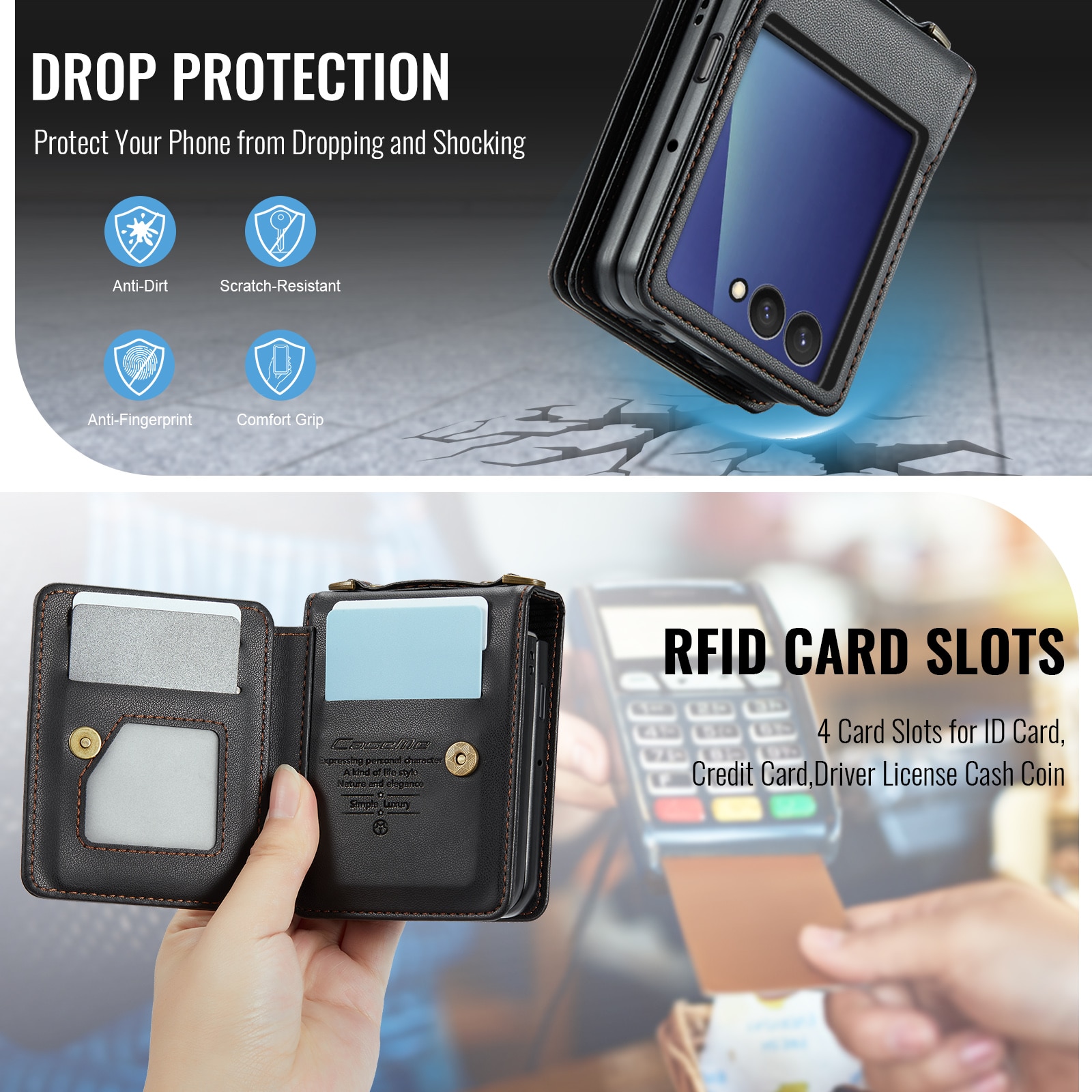 Coque porte-cartes anti-RFID Samsung Galaxy Z Flip 7, Noir