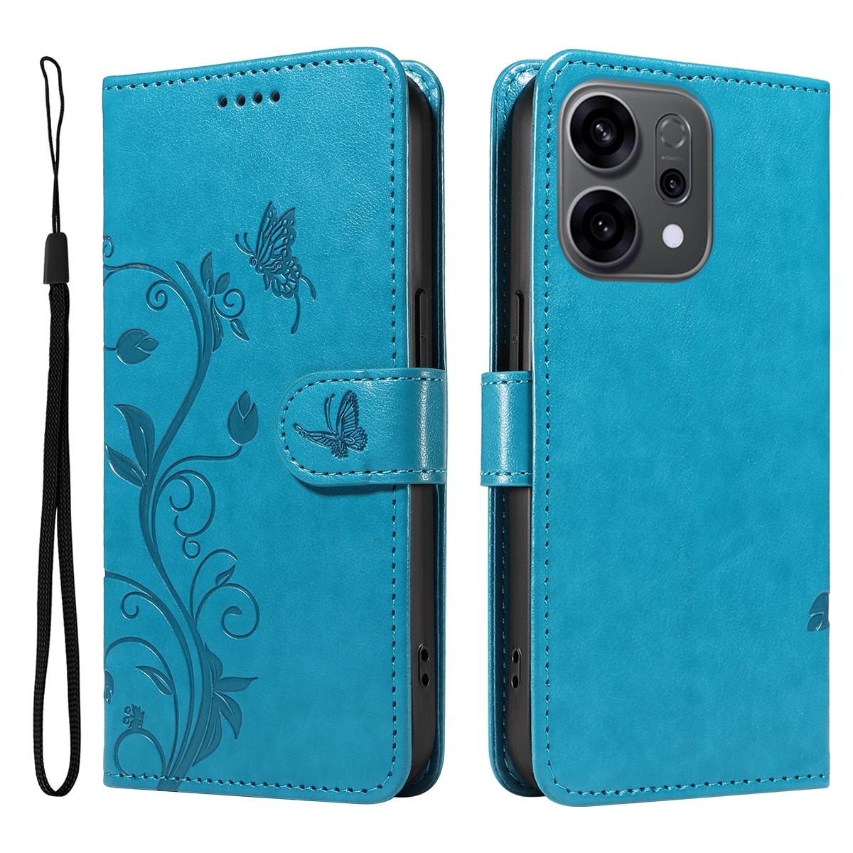 Étui en cuir à papillons pour Oppo Reno 14 F, Bleu
