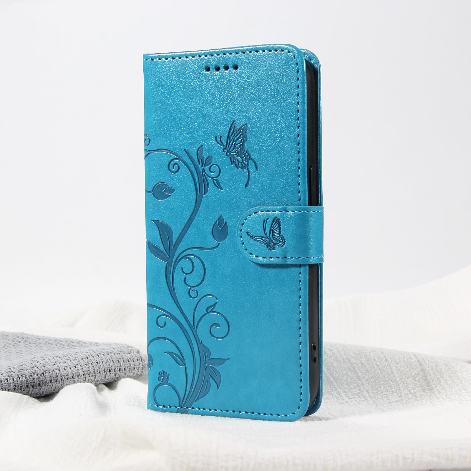Étui en cuir à papillons pour Oppo Reno 14 F, Bleu