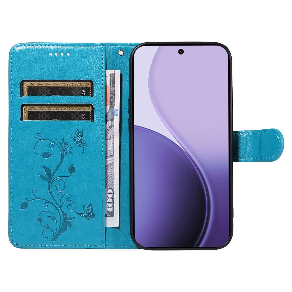 Étui en cuir à papillons pour Oppo Reno 14 F, Bleu
