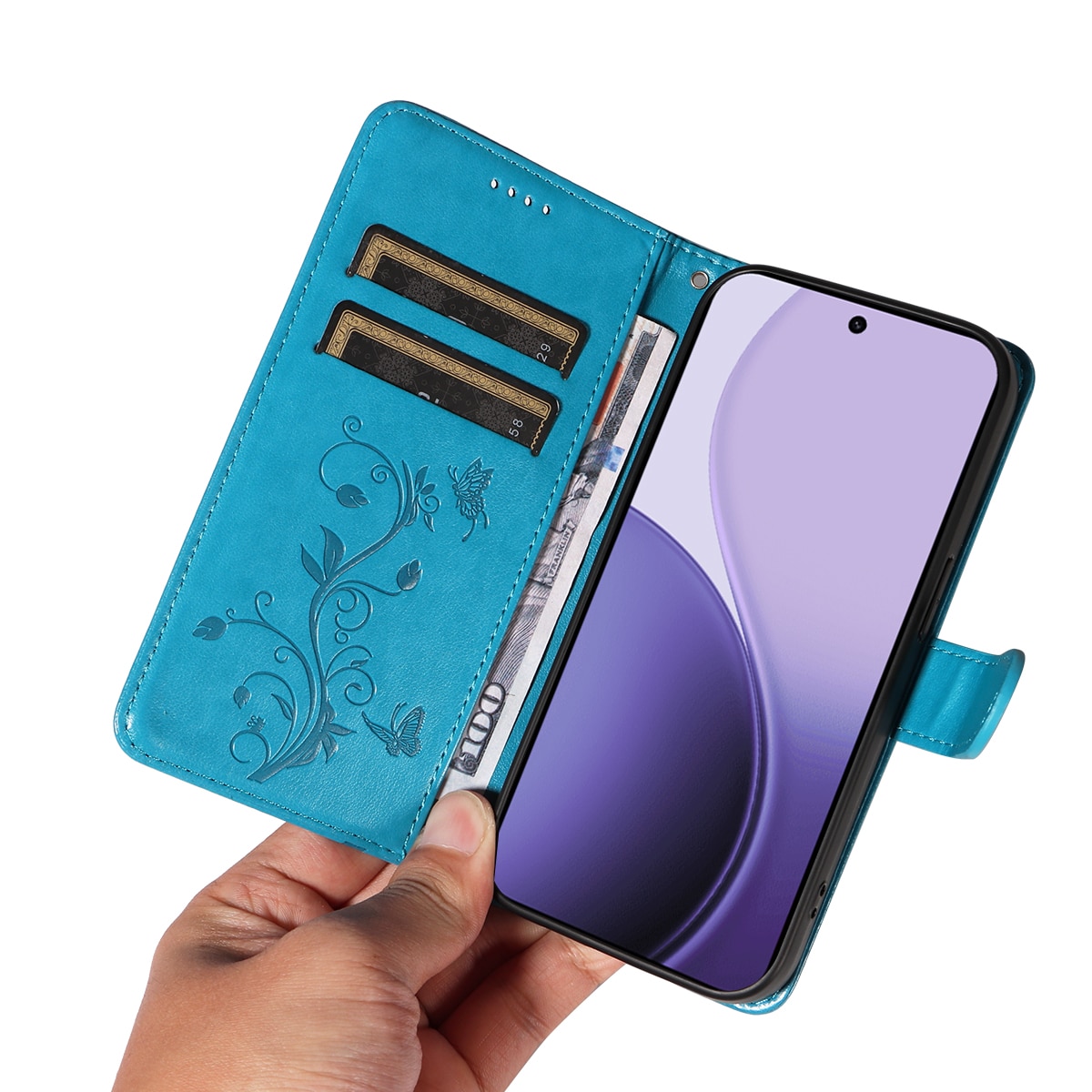 Étui en cuir à papillons pour Oppo Reno 14 F, Bleu