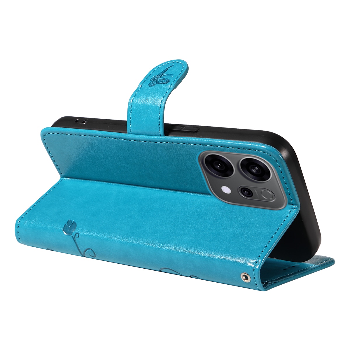 Étui en cuir à papillons pour Oppo Reno 14 F, Bleu
