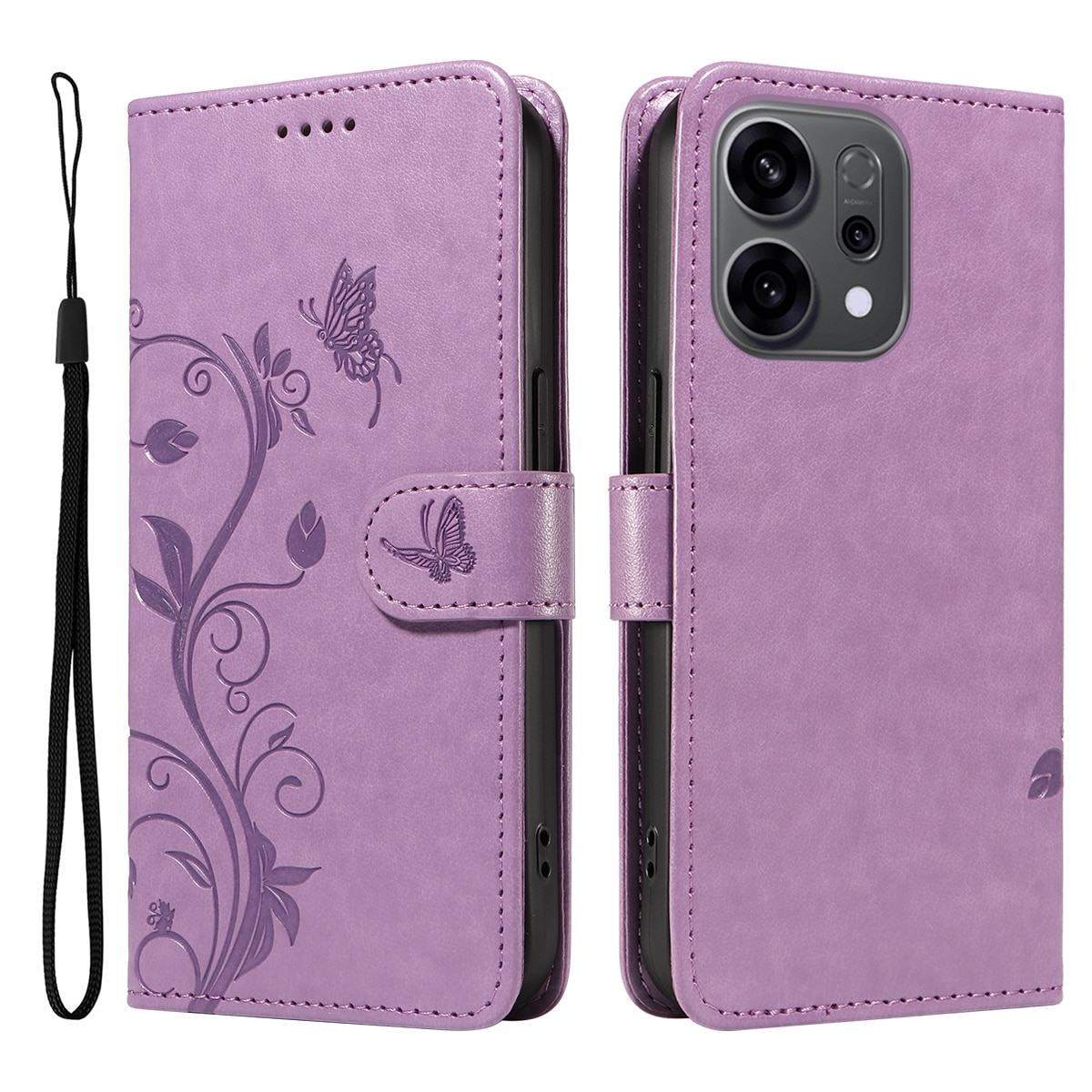 Étui en cuir à papillons pour Oppo Reno 14, Violet