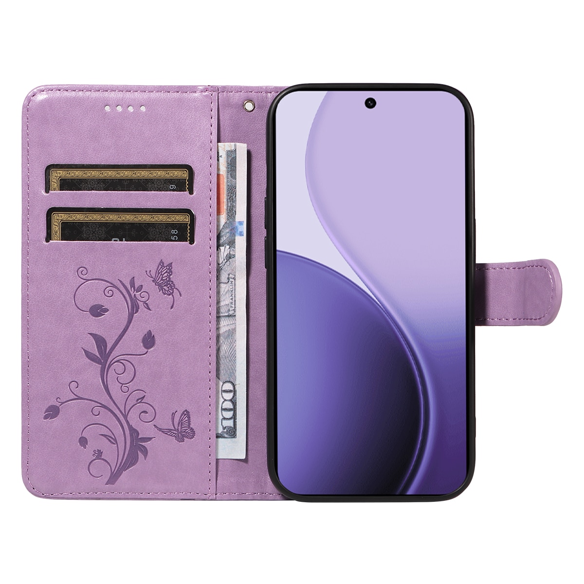 Étui en cuir à papillons pour Oppo Reno 14, Violet