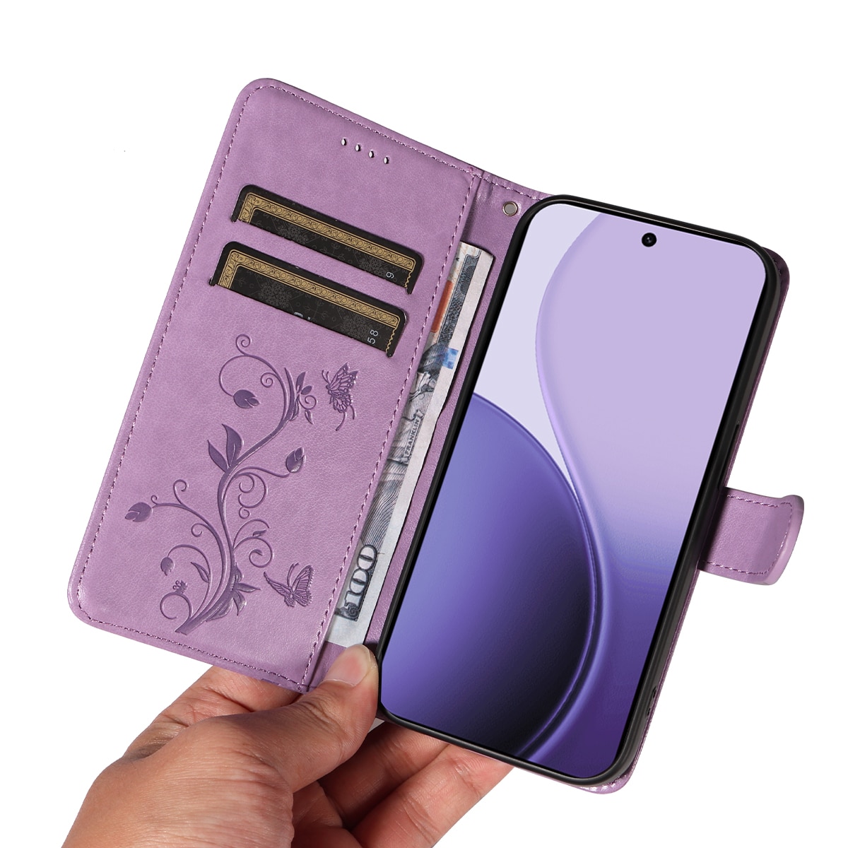 Étui en cuir à papillons pour Oppo Reno 14, Violet