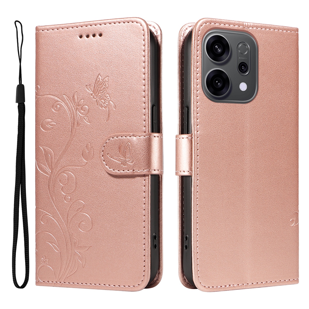 Étui en cuir à papillons pour Oppo Reno 14 F, Or rose