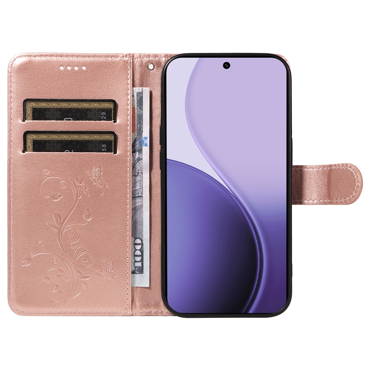 Étui en cuir à papillons pour Oppo Reno 14 F, Or rose