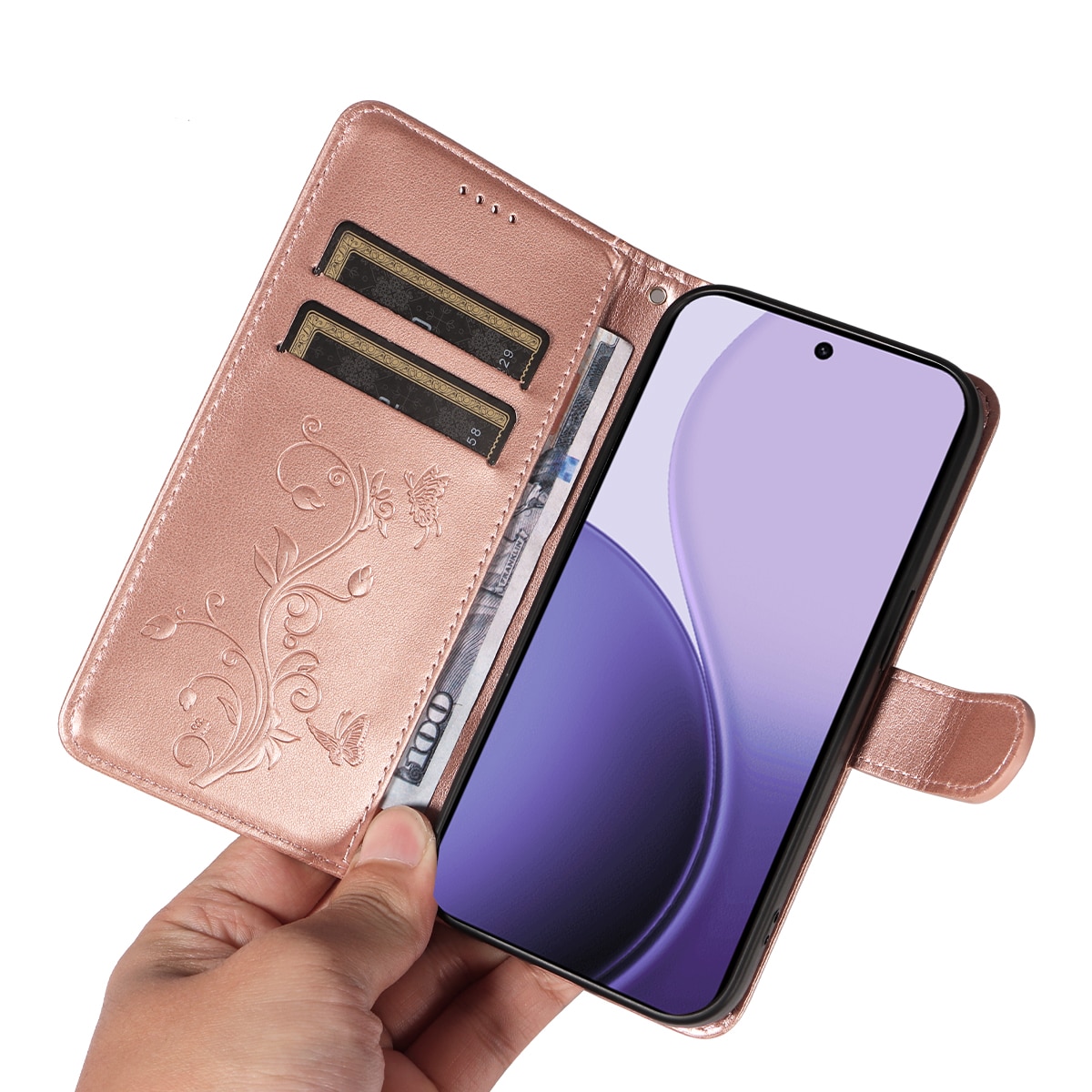 Étui en cuir à papillons pour Oppo Reno 14 F, Or rose