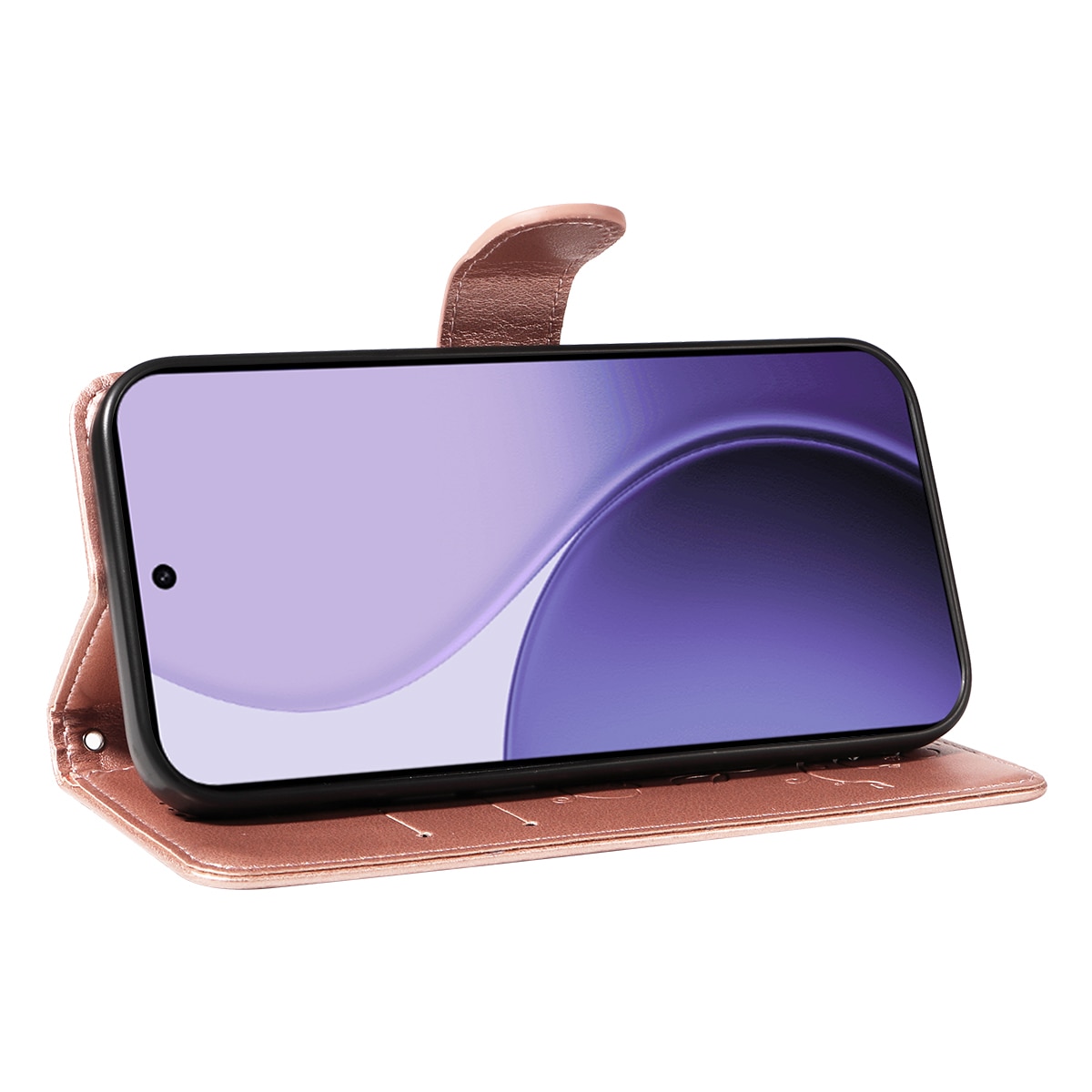 Étui en cuir à papillons pour Oppo Reno 14 F, Or rose