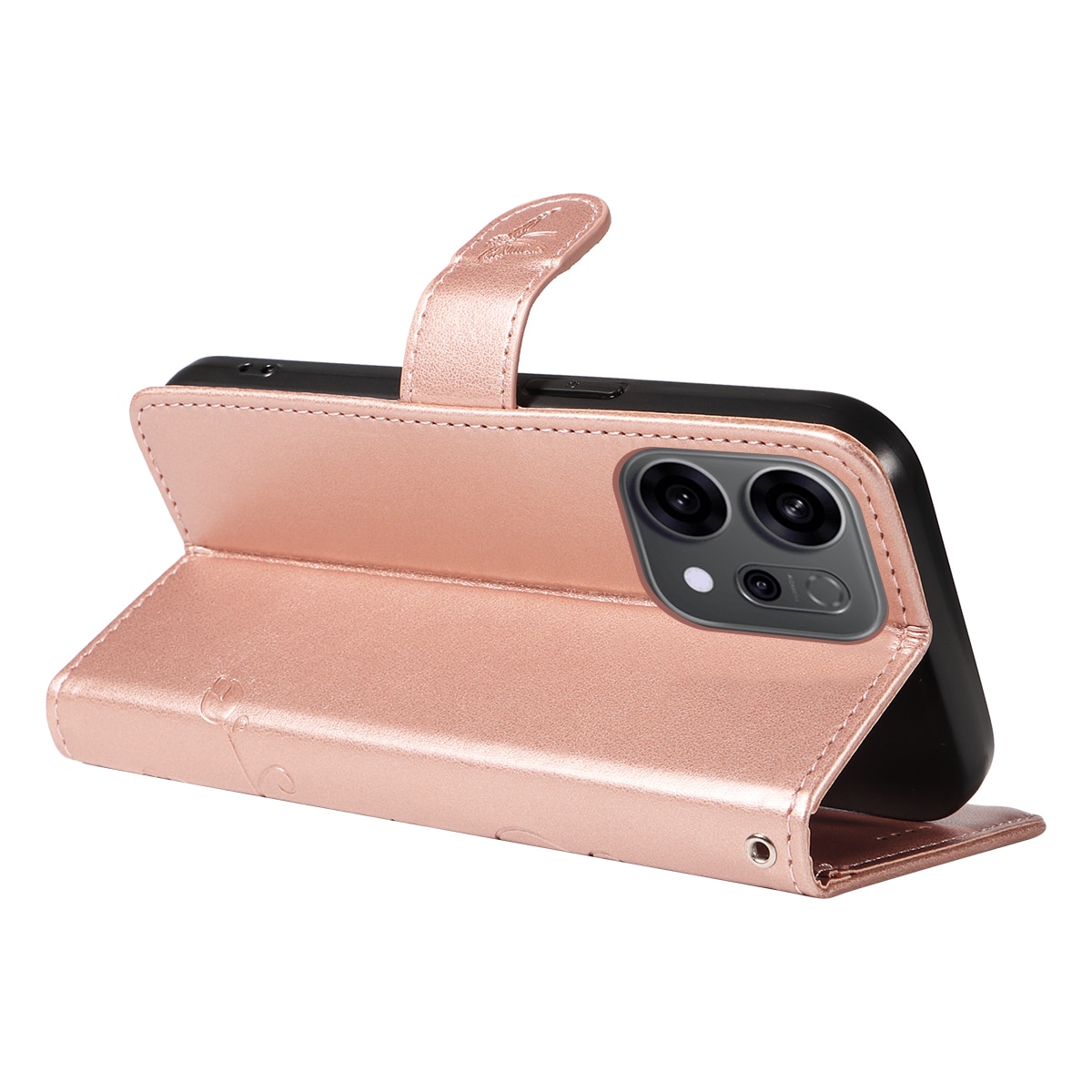 Étui en cuir à papillons pour Oppo Reno 14 F, Or rose