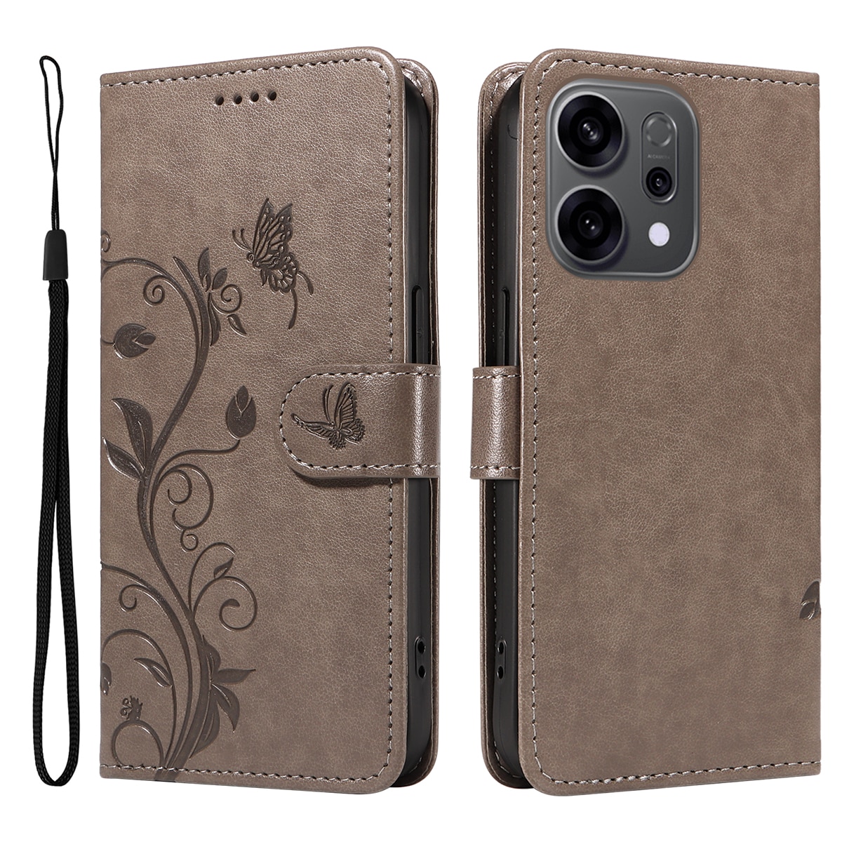 Étui en cuir à papillons pour Oppo Reno 14 F, Gris