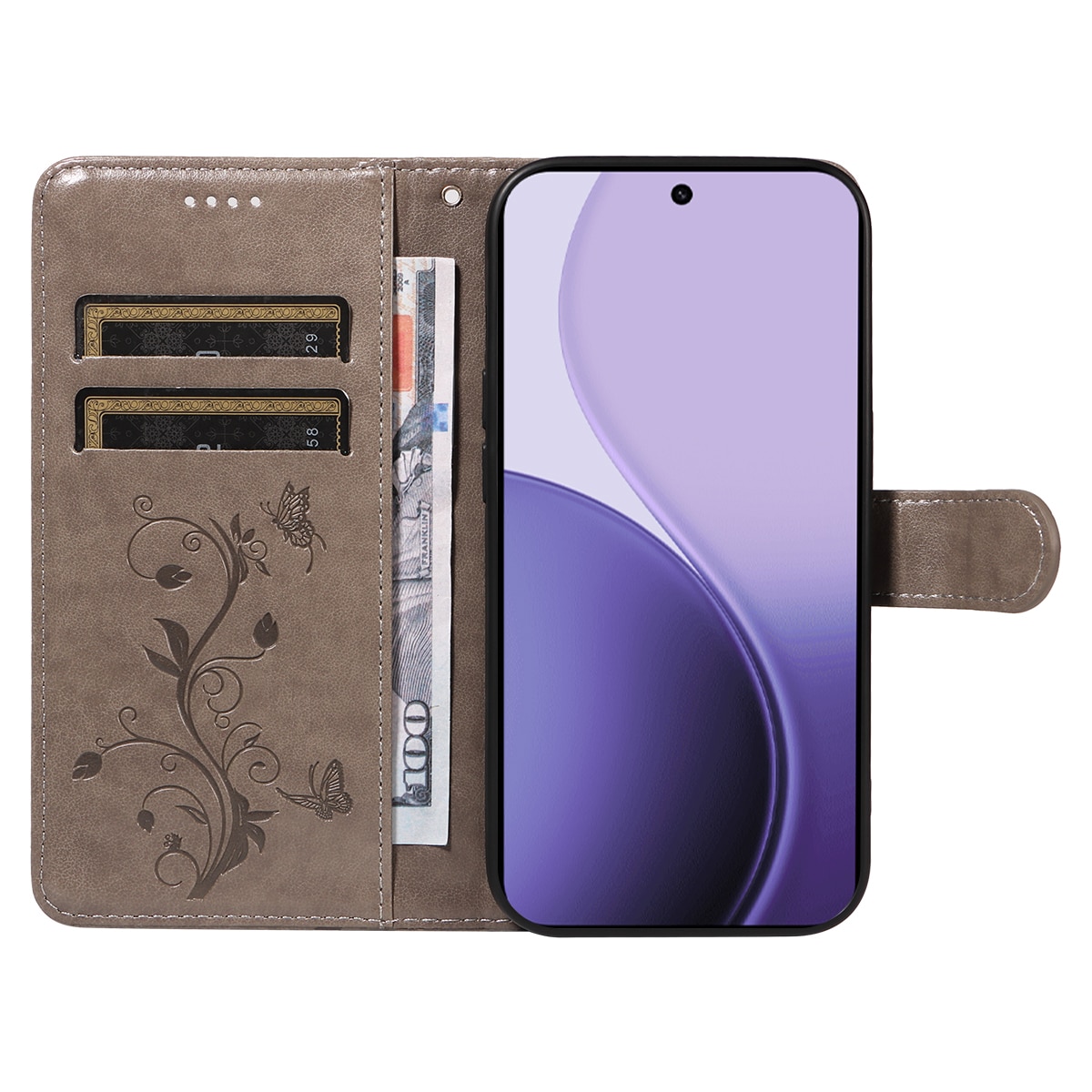 Étui en cuir à papillons pour Oppo Reno 14 F, Gris