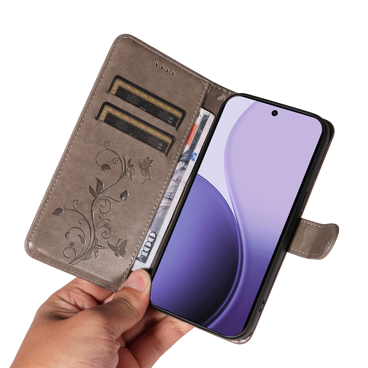 Étui en cuir à papillons pour Oppo Reno 14 F, Gris