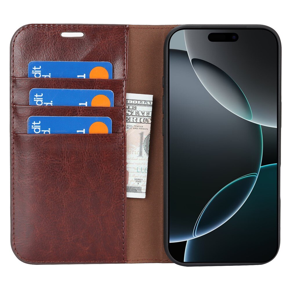 Coque portefeuille en cuir Veritable iPhone 17, Marron foncé