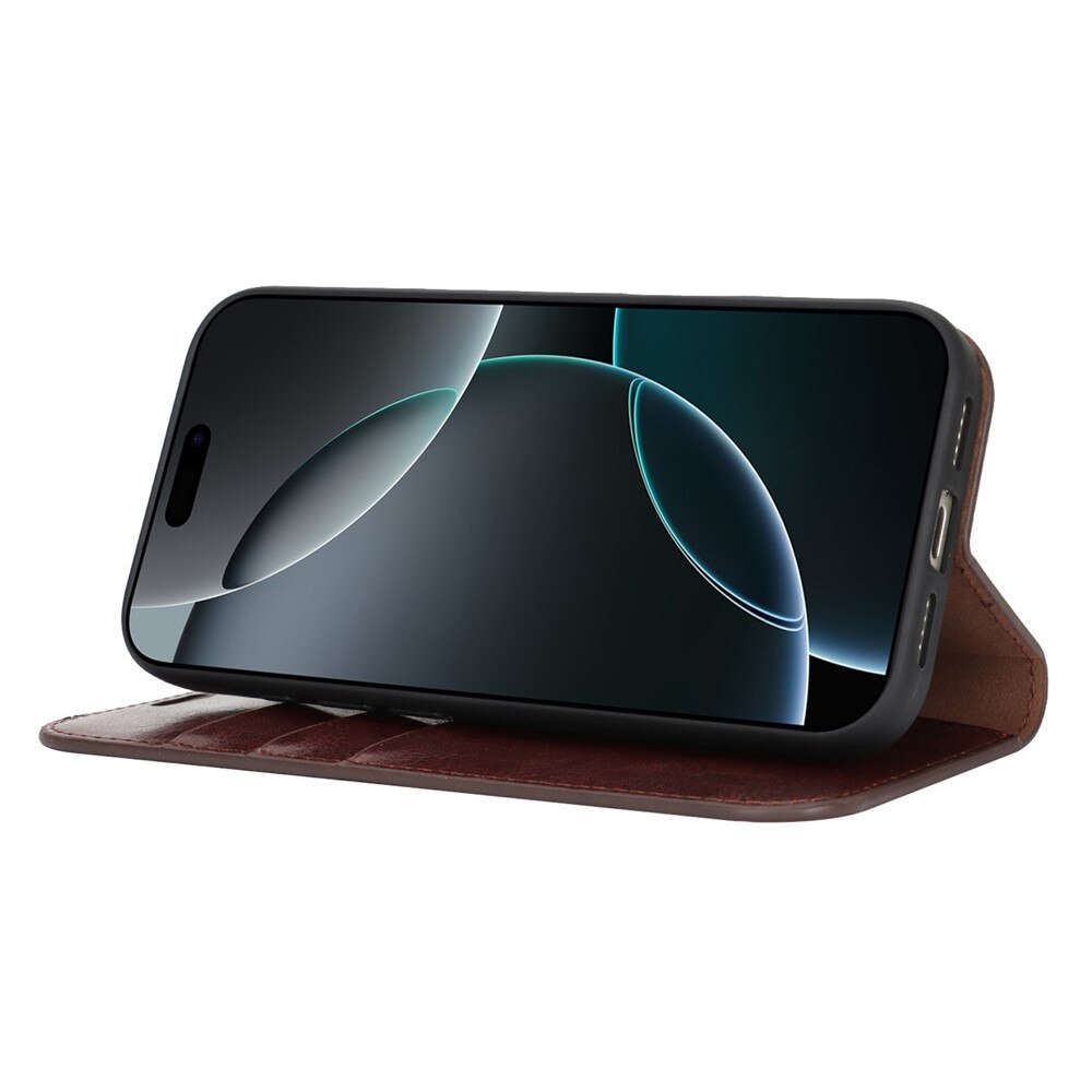 Coque portefeuille en cuir Veritable iPhone 17, Marron foncé