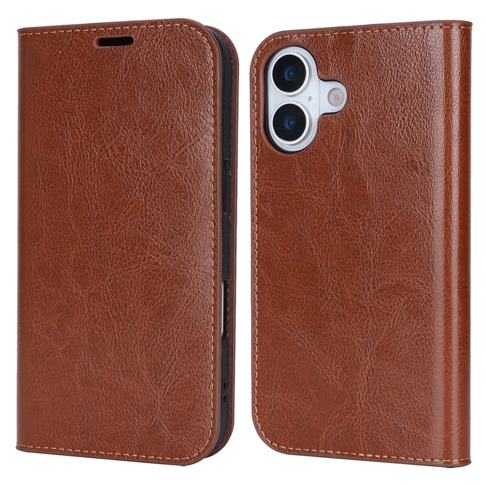 Coque portefeuille en cuir Veritable iPhone 17, Marron