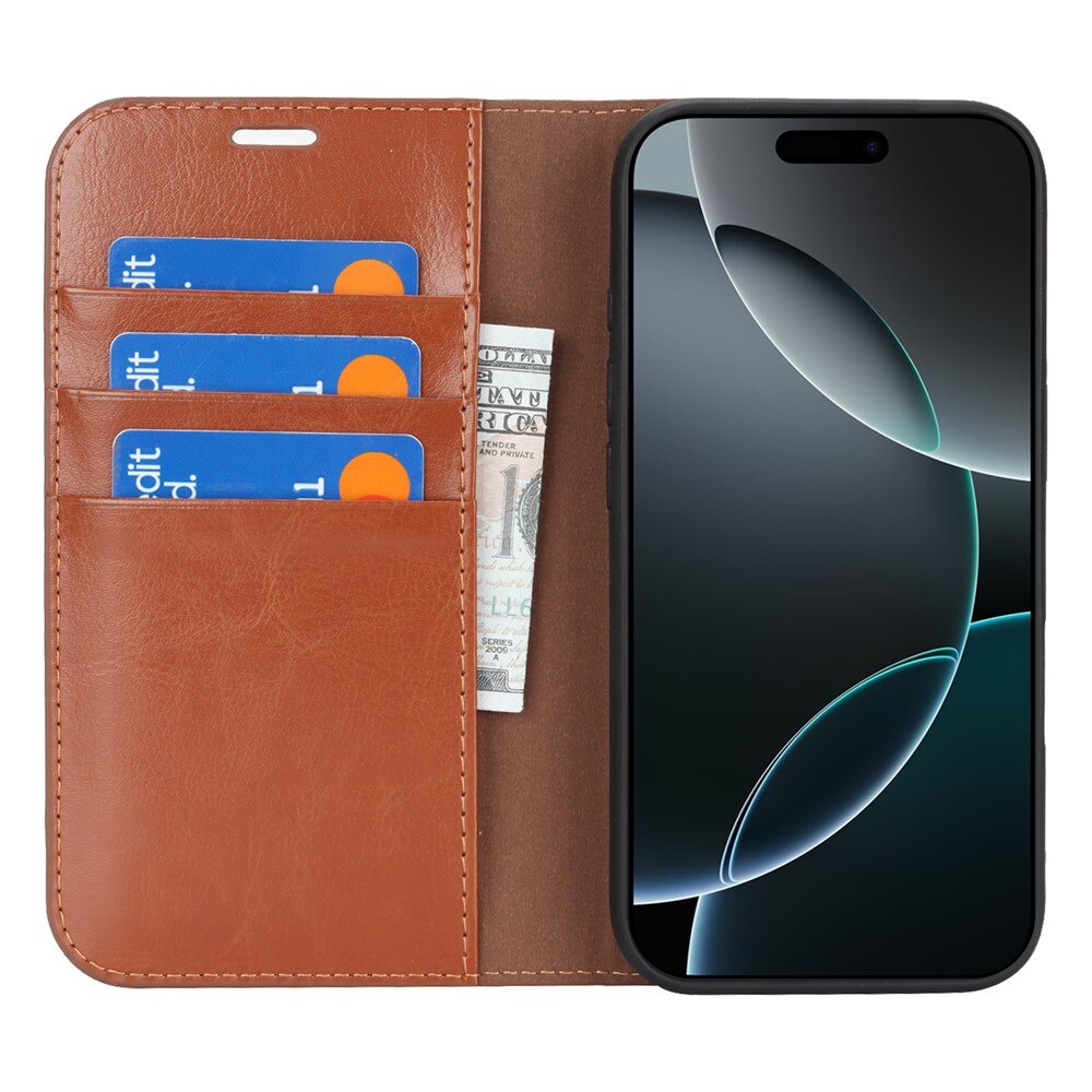 Coque portefeuille en cuir Veritable iPhone 17, Marron