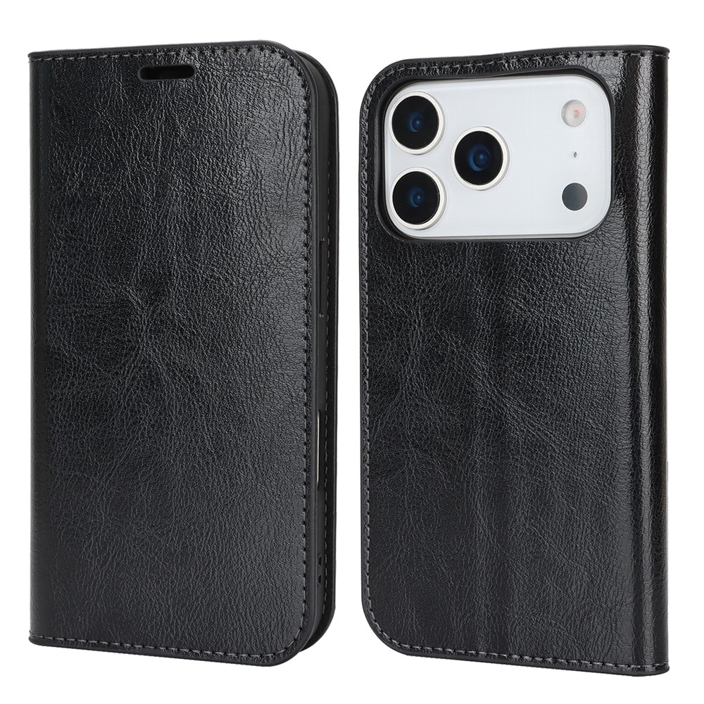 Coque portefeuille en cuir Veritable iPhone 17 Pro, Noir