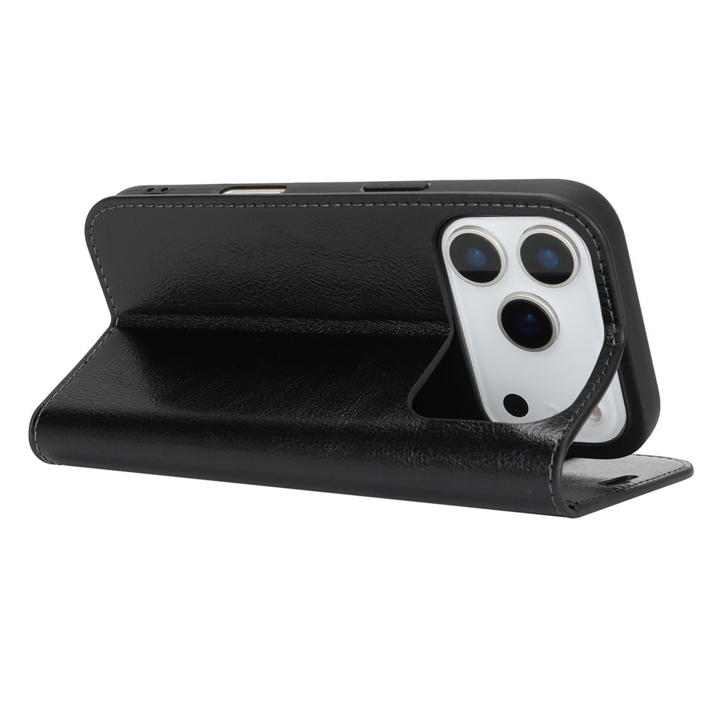 Coque portefeuille en cuir Veritable iPhone 17 Pro, Noir