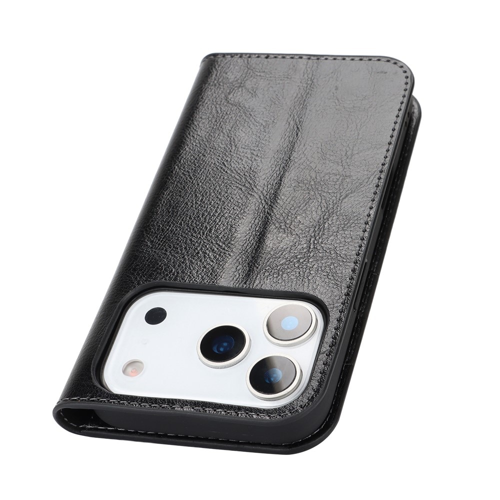 Coque portefeuille en cuir Veritable iPhone 17 Pro, Noir