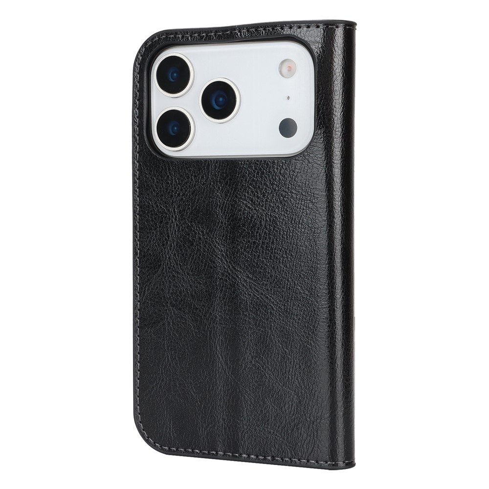 Coque portefeuille en cuir Veritable iPhone 17 Pro, Noir