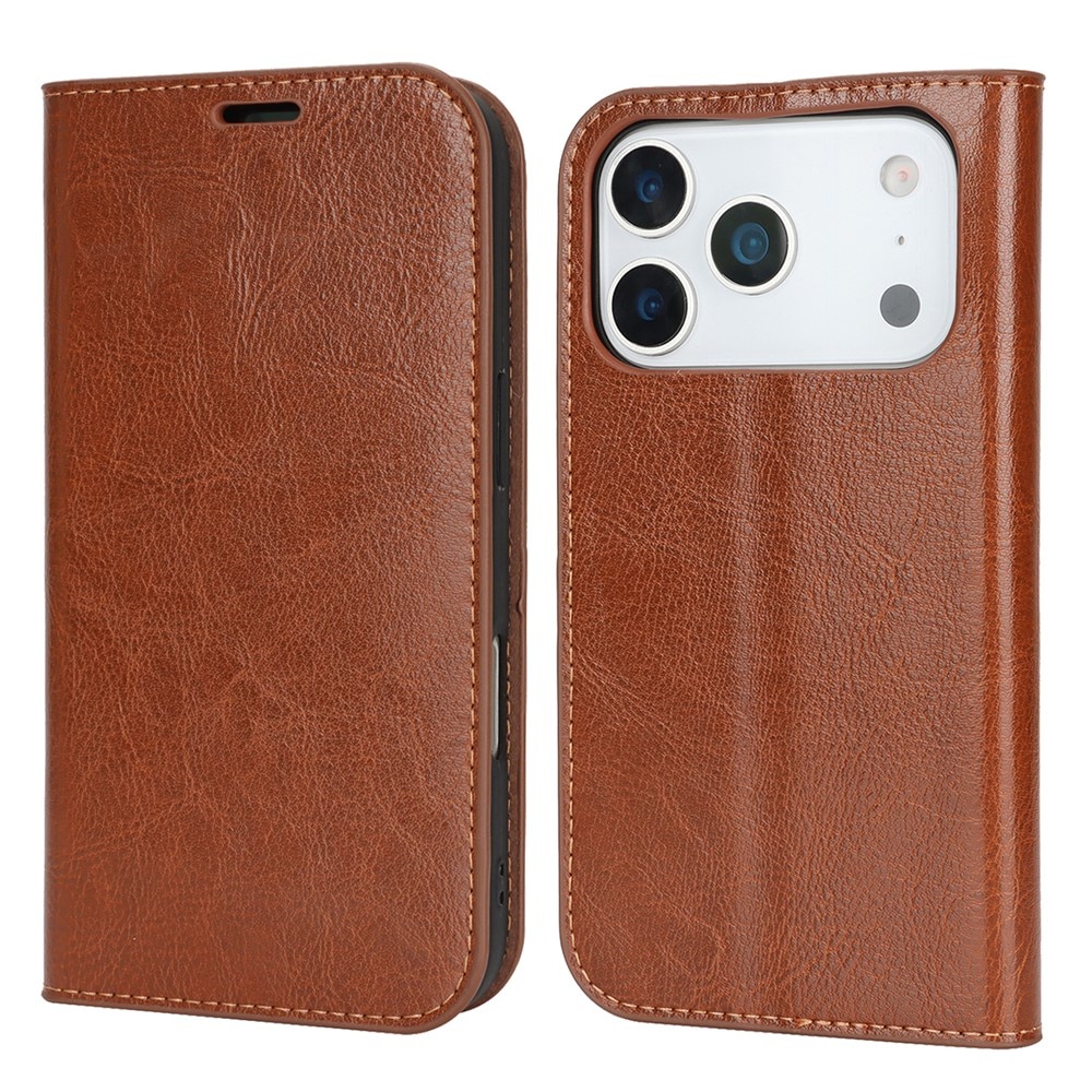 Coque portefeuille en cuir Veritable iPhone 17 Pro, Marron