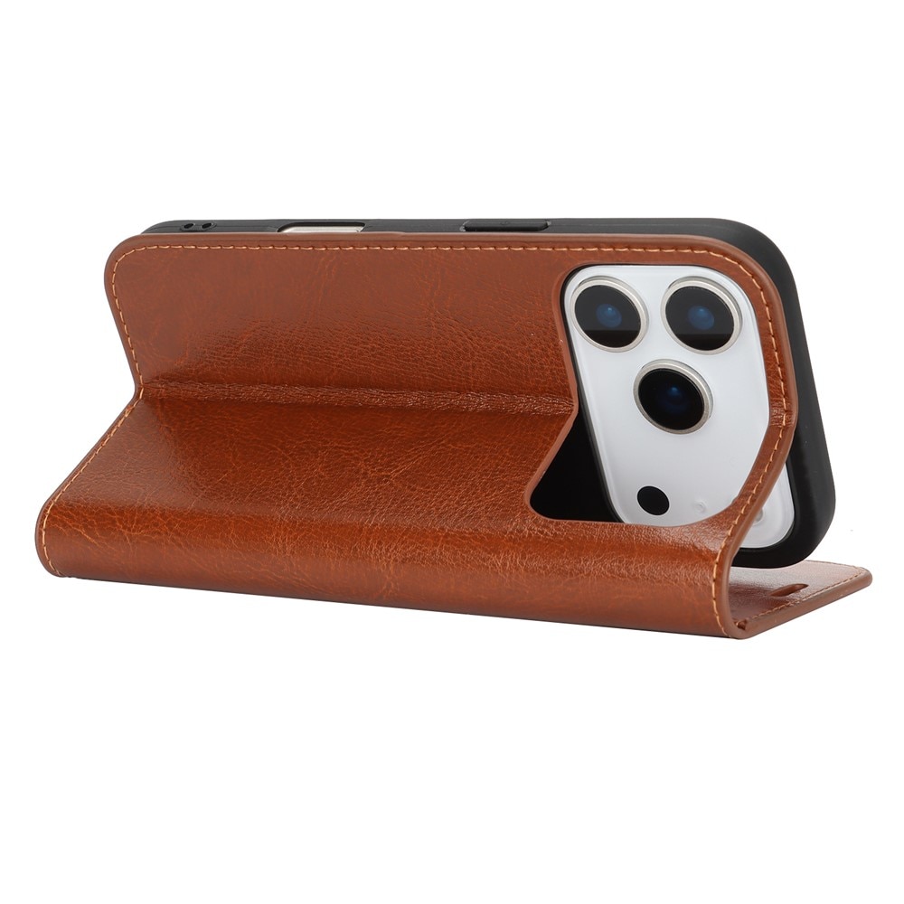 Coque portefeuille en cuir Veritable iPhone 17 Pro, Marron