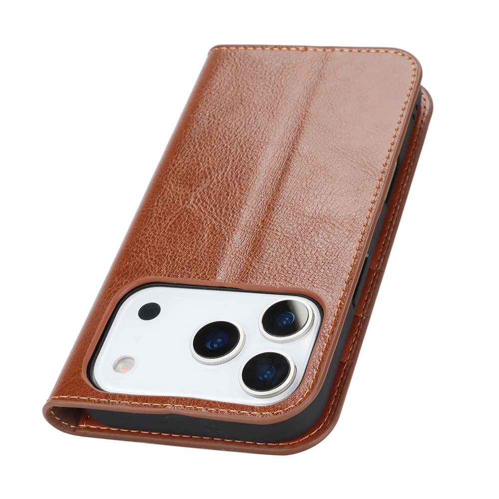 Coque portefeuille en cuir Veritable iPhone 17 Pro, Marron