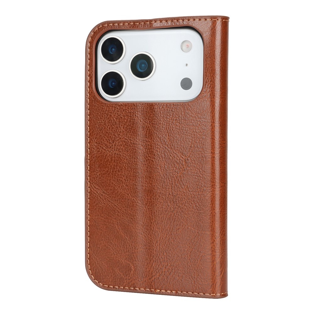 Coque portefeuille en cuir Veritable iPhone 17 Pro, Marron
