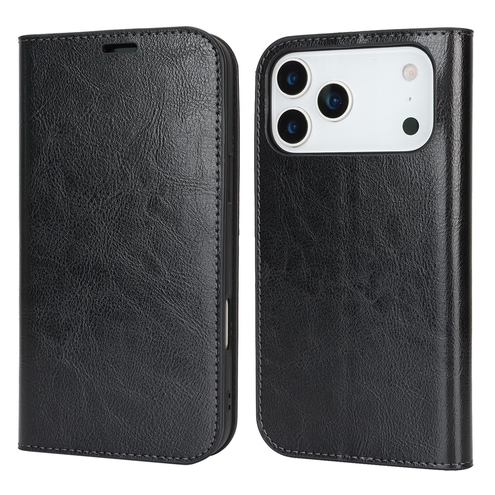 Coque portefeuille en cuir Veritable iPhone 17 Pro Max, Noir