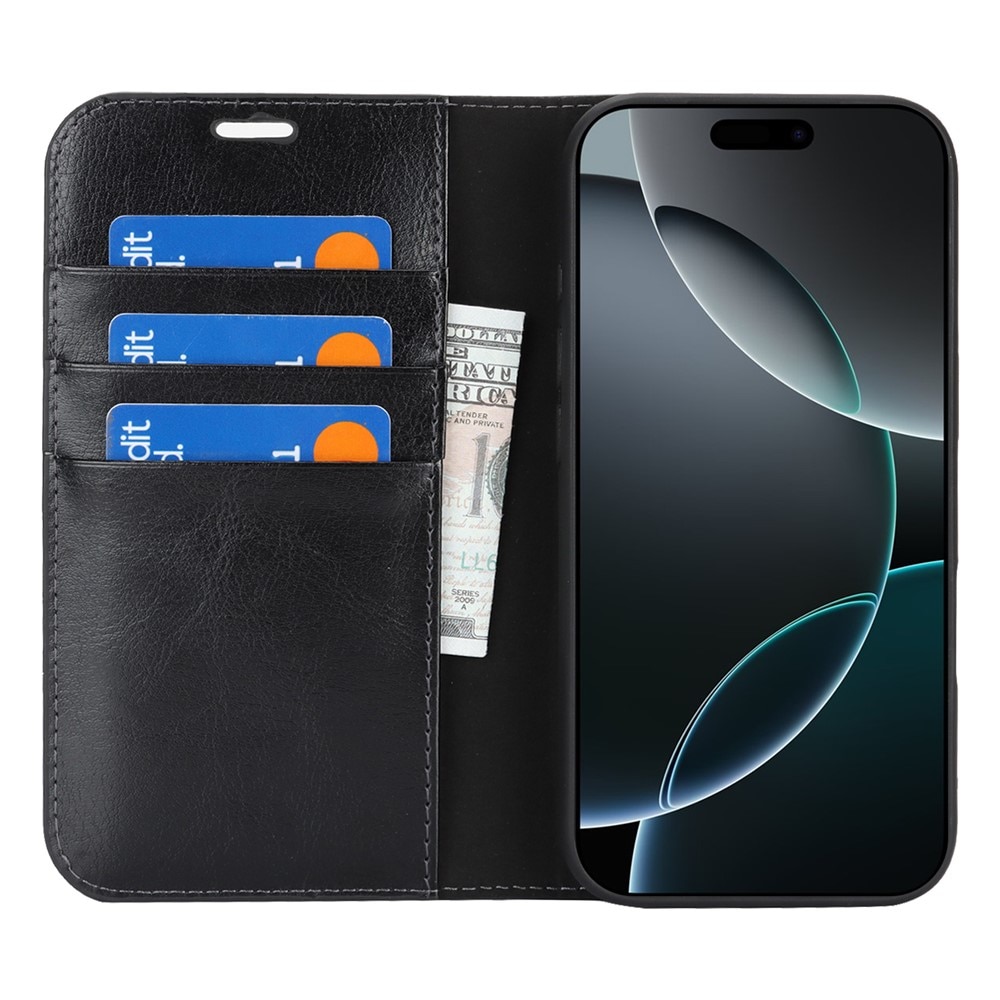 Coque portefeuille en cuir Veritable iPhone 17 Pro Max, Noir