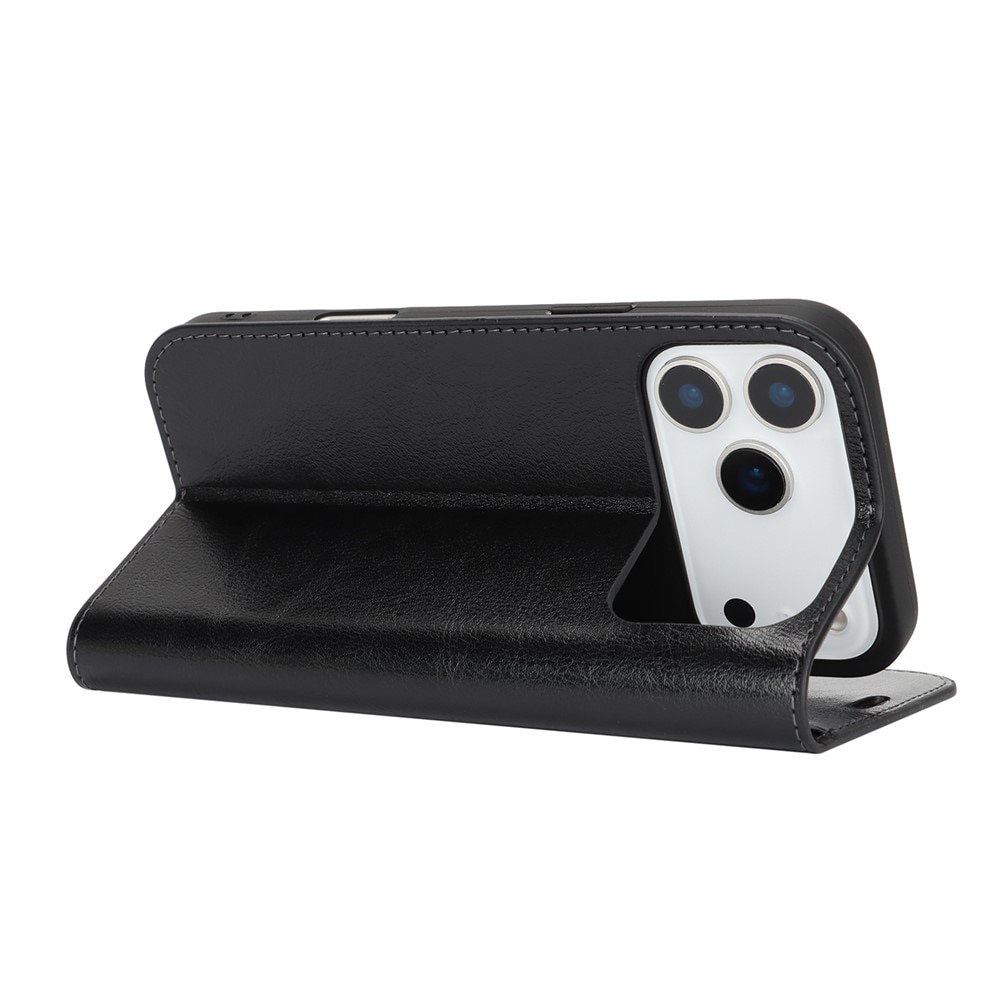 Coque portefeuille en cuir Veritable iPhone 17 Pro Max, Noir