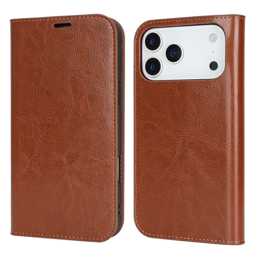Coque portefeuille en cuir Veritable iPhone 17 Pro Max, Marron