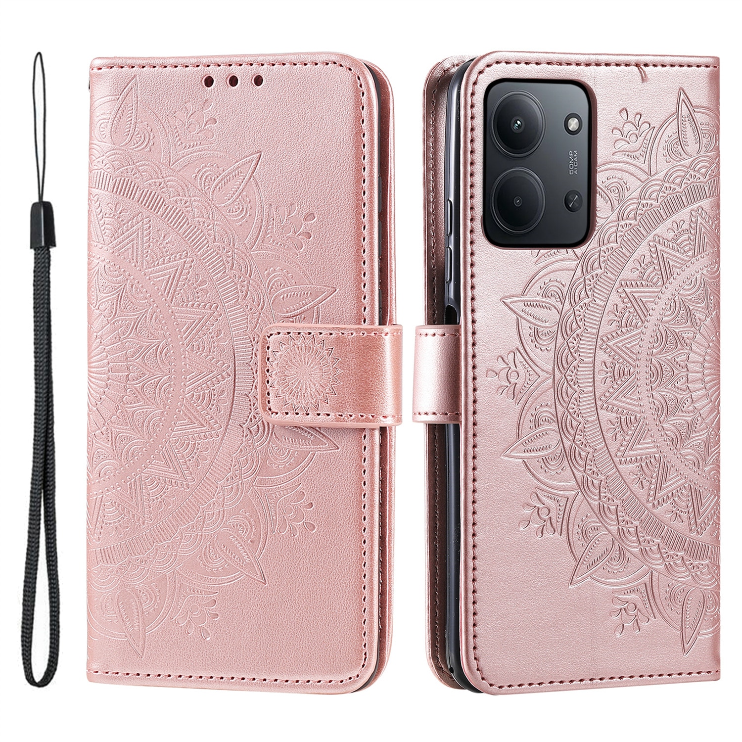 Étui en cuir Mandala Xiaomi Redmi 15C, Or rose