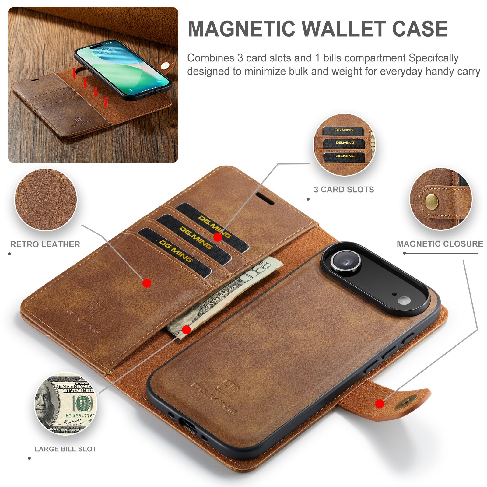 Étui portefeuille Magnet Wallet iPhone 17 Air, Cognac