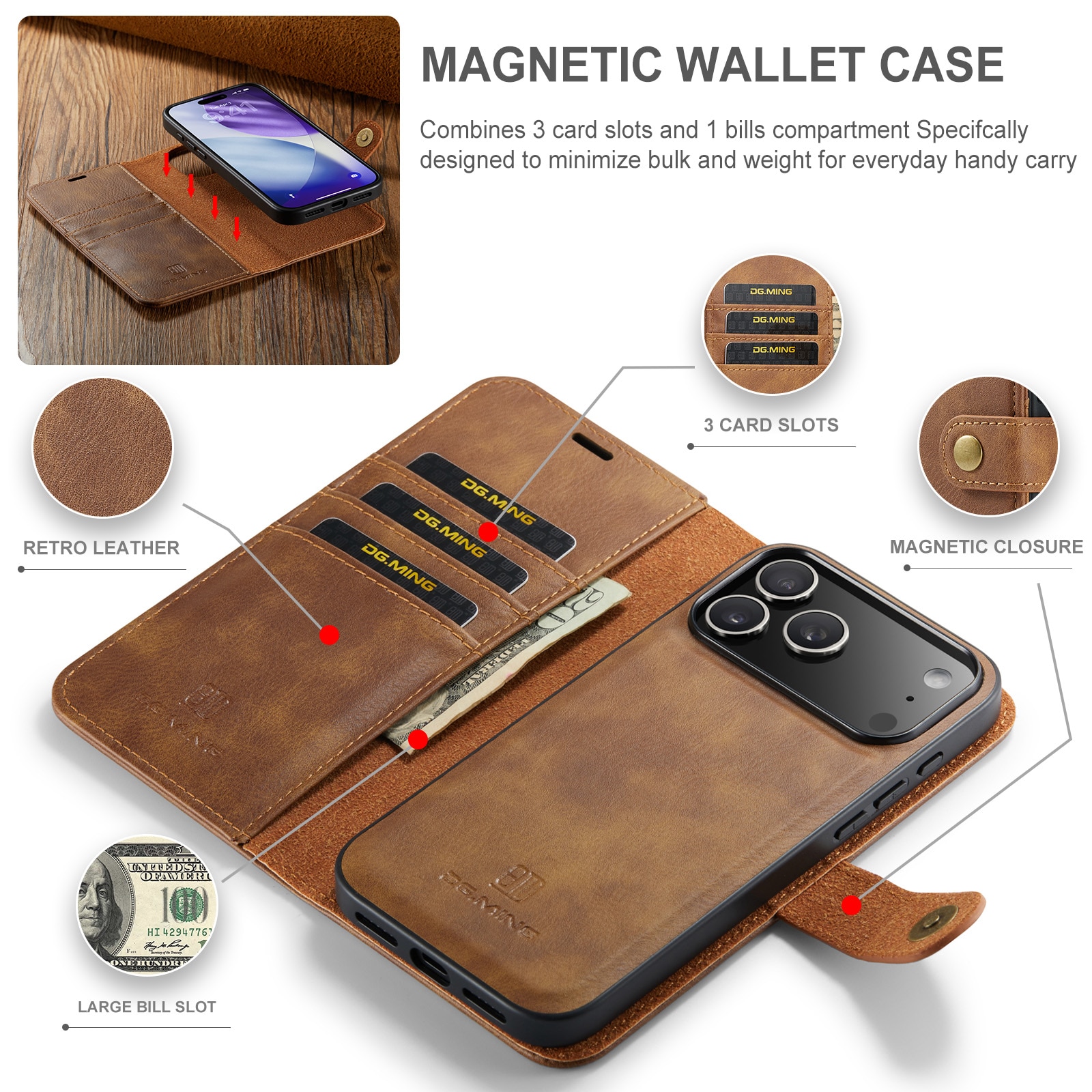 Étui portefeuille Magnet Wallet iPhone 17 Pro, Cognac