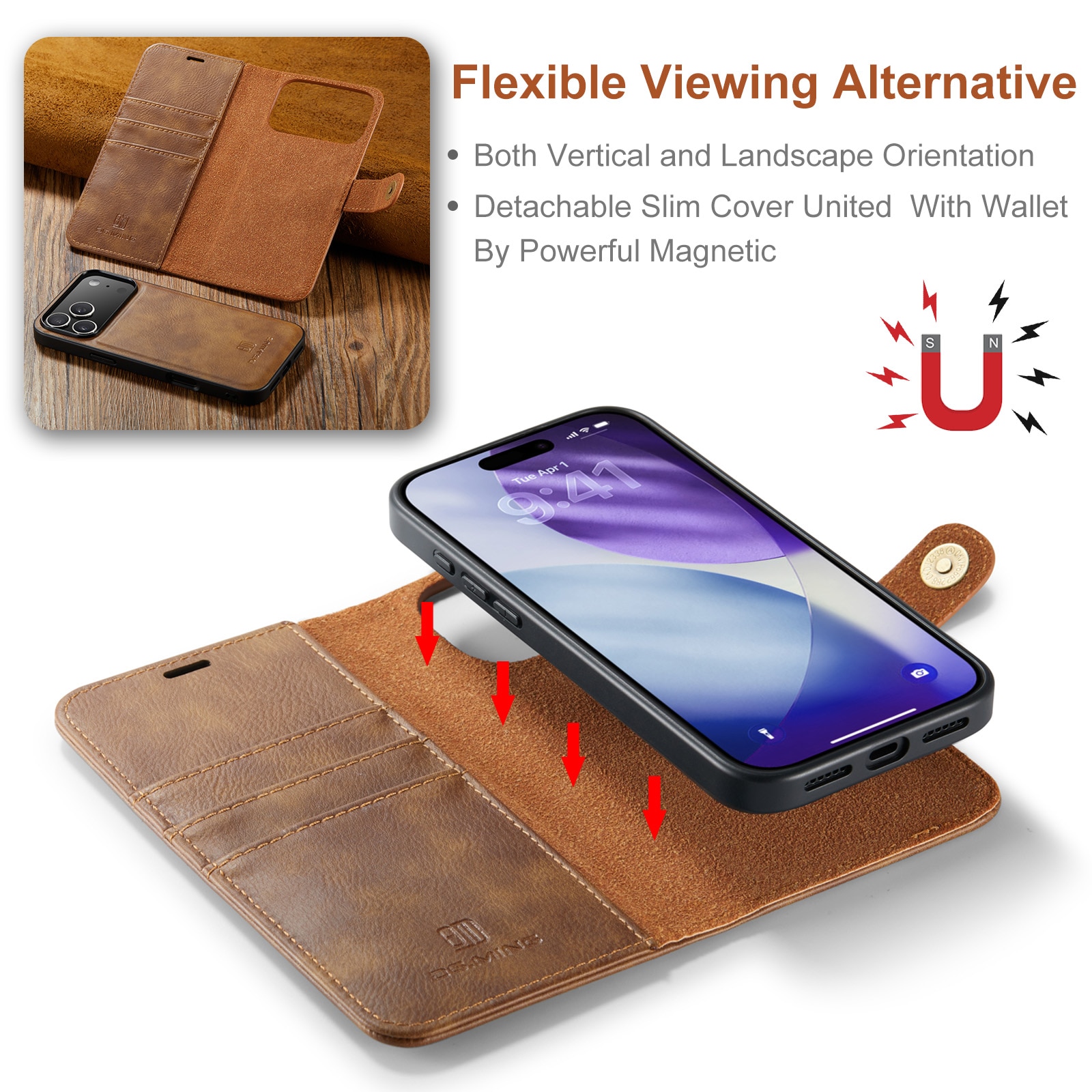 Étui portefeuille Magnet Wallet iPhone 17 Pro, Cognac