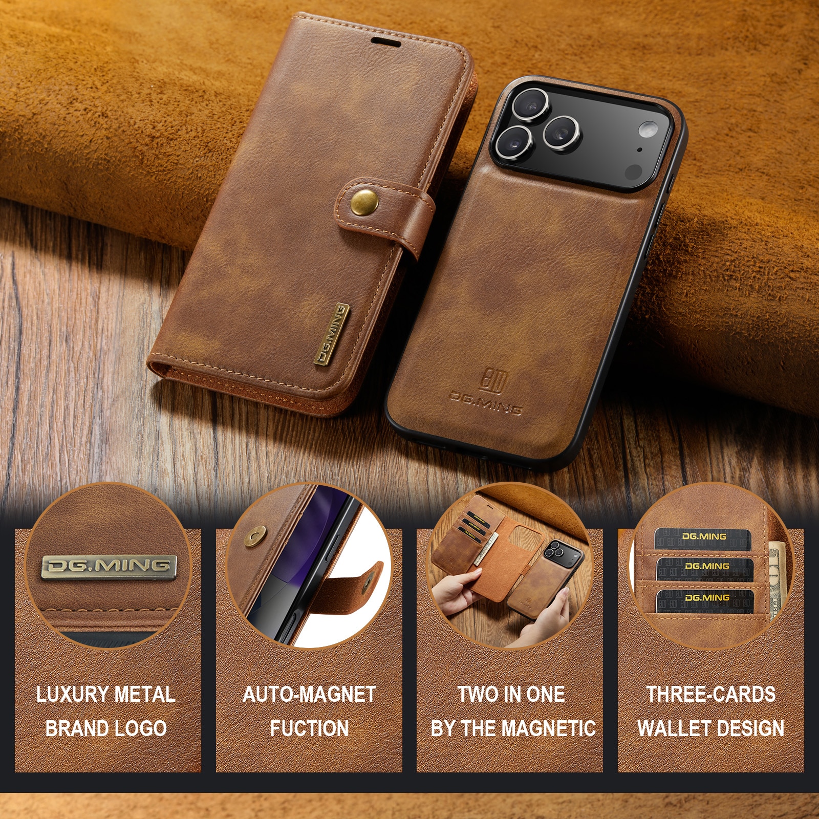 Étui portefeuille Magnet Wallet iPhone 17 Pro Max, Cognac