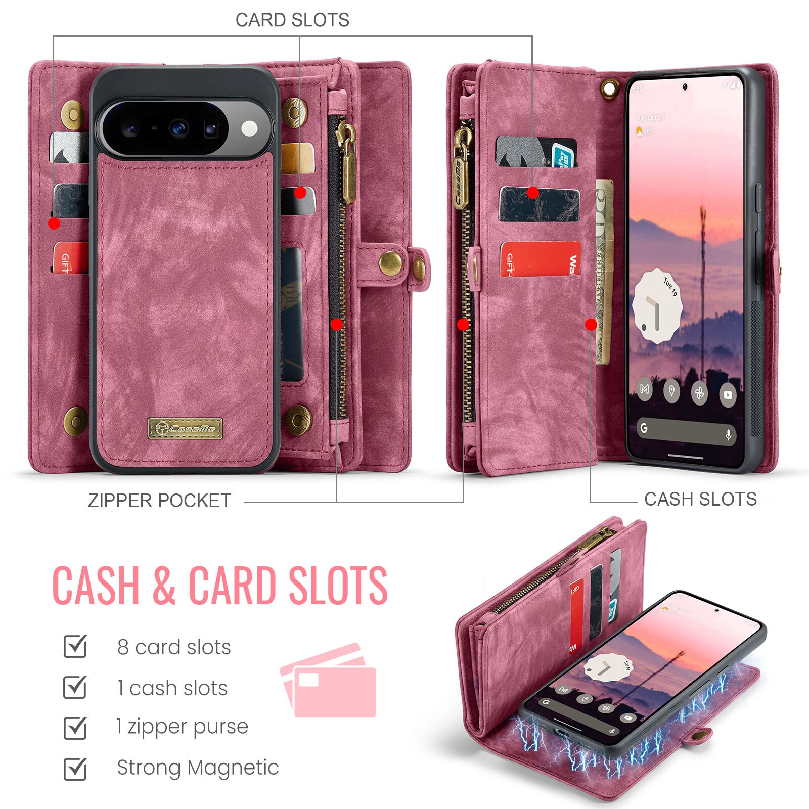 Étui portefeuille multi-cartes Google Pixel 10 Pro, Rouge
