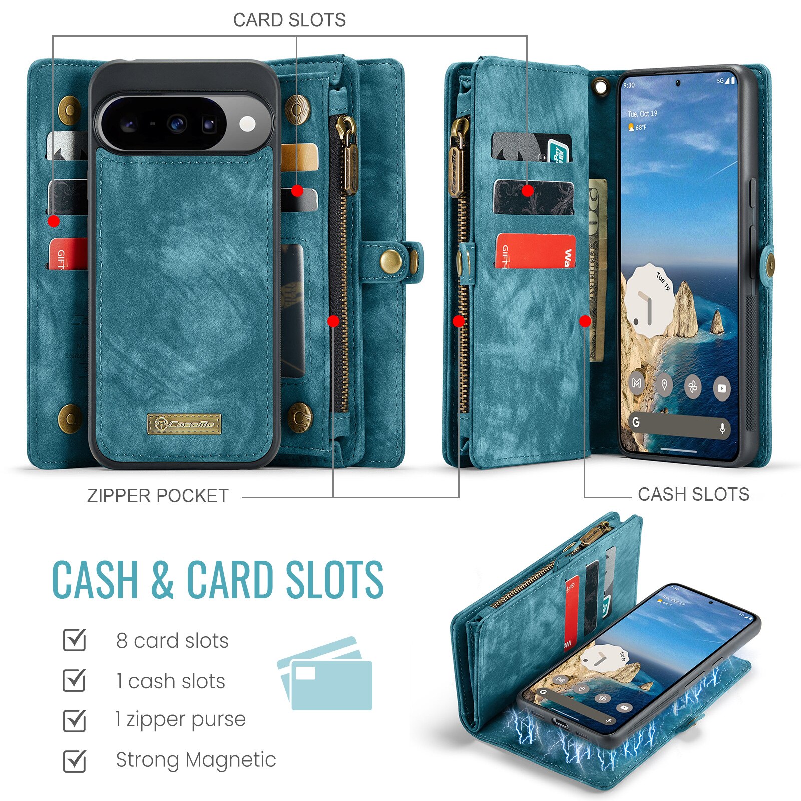 Étui portefeuille multi-cartes Google Pixel 10, Bleu