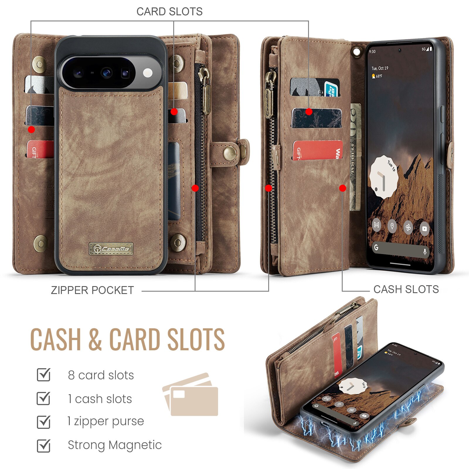 Étui portefeuille multi-cartes Google Pixel 10, Marron
